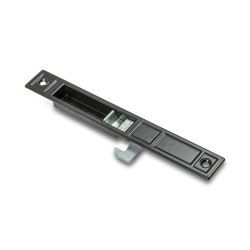 An image of a patio door handle with a lock in black.
