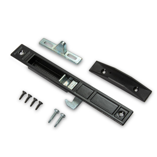 An image of a patio door handle with a lock in black.