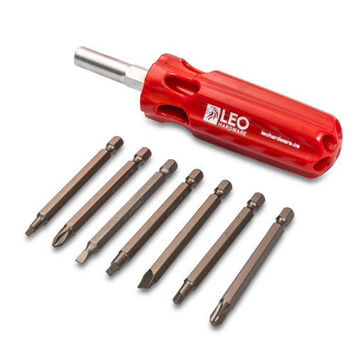 An image of a multi-tip screwdriver with bits on display manufactured by Leo Hardware.