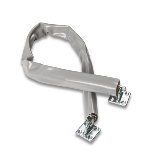 Leo Hardware heavy-duty wind chain for commercial doors, shown with zinc die-cast brackets, coil springs, and grey vinyl cover.