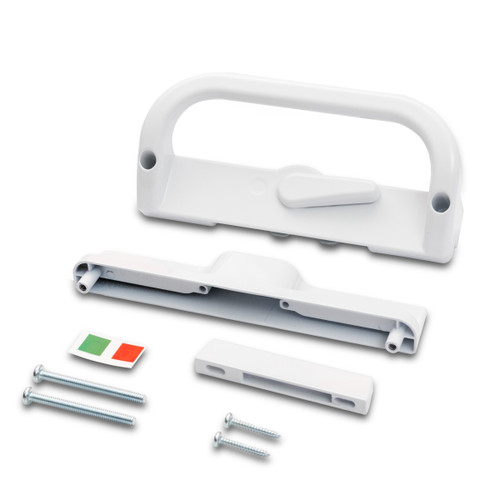 ROTO 7000 Series patio door handle set with interior double hook locking handle and non-locking exterior pull in white finish.