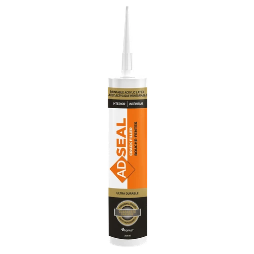Close-up of the Adfast Adseal 1070 acrylic latex sealant cartridge showing the label and UL 2761 certification mark.