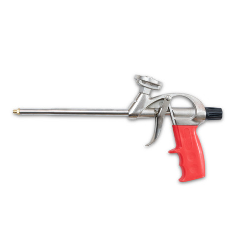 Professional stainless steel spray foam gun with adjustable flow knob, compatible with screw-on foam cans and ADFAST spray foam.