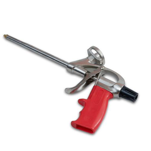 Professional stainless steel spray foam gun with adjustable flow knob, compatible with screw-on foam cans and ADFAST spray foam.