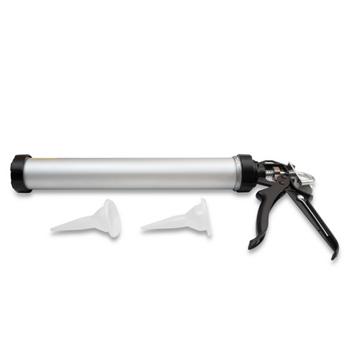 Lightweight aluminum 12:1 sausage caulking gun compatible with sausage packs and standard cartridges, includes narrow precision nozzles.