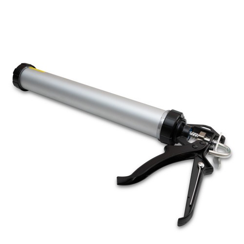 Lightweight aluminum 12:1 sausage caulking gun compatible with sausage packs and standard cartridges, includes narrow precision nozzles.