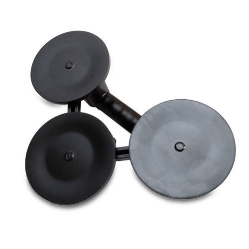 LEO Hardware heavy-duty triple suction cups with SBR rubber pads for lifting large glass panels, rated 350 lbs horizontal and 305 lbs vertical.