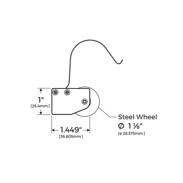 Technical drawing, dimensions, sizes, specifications for sliding screen door roller with 1-1/8" diameter steel ball bearing wheel.