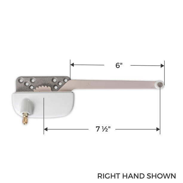 An image of Truth Hardware (AmesburyTruth) 15 Series Ellipse 7-1/2" Single Arm White Right-Hand Casement Window Operator (15.56.32.262) with dimensions.
