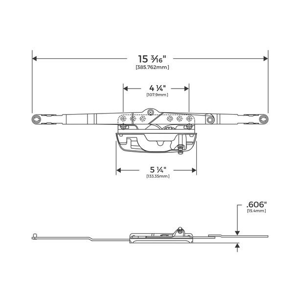 Truth 51.10 Encore sill-mount awning window operator, non-handed, with silver spline and dual E-Gard coated steel arms. Technical, drawing, dimensions, size, specification of Truth, AmesburyTruth 51.10 Encore awning operator.