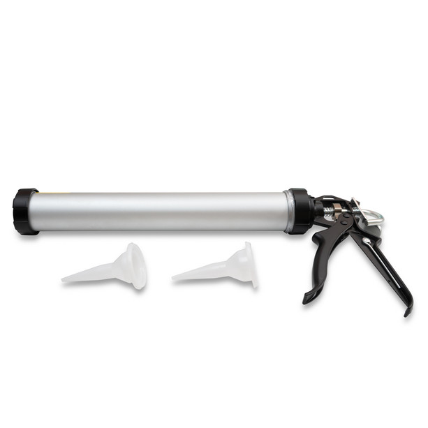 Lightweight aluminum 12:1 sausage caulking gun compatible with sausage packs and standard cartridges, includes narrow precision nozzles.