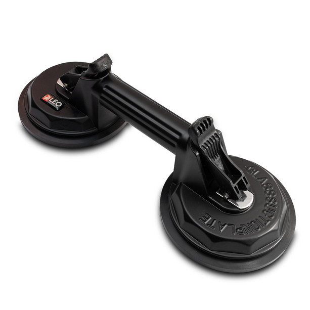 LEO Hardware heavy-duty double suction cups with SBR rubber pads for lifting glass panels, rated 285 lbs horizontal and 240 lbs vertical.