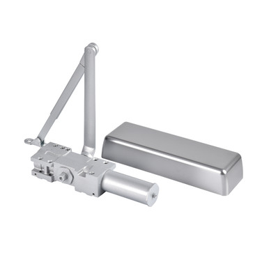 An image of LEO Hardware heavy-duty cast iron door closer & it's plastic case.