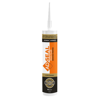 Close-up of the Adfast Adseal 1070 acrylic latex sealant cartridge showing the label and UL 2761 certification mark.