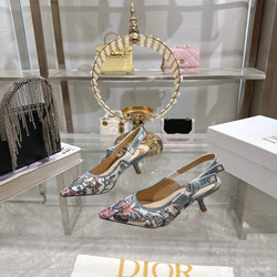 Dior Blue Pink Embroidered Fabric Slingback Heels