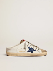 GOLDEN GOOSE Super-Star Sabots in white leather with blue glitter star and dove-gray suede tongue | 368