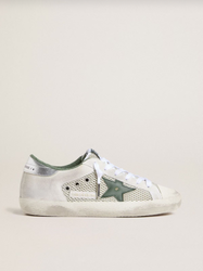 GOLDEN GOOSE Women’s Super-Star LTD in white suede and mesh with green leather star and silver foiled leather hee | 193