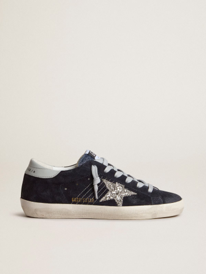 GOLDEN GOOSE Women’s Super-Star in blue suede, silver glitter star and leather heel tab | 373