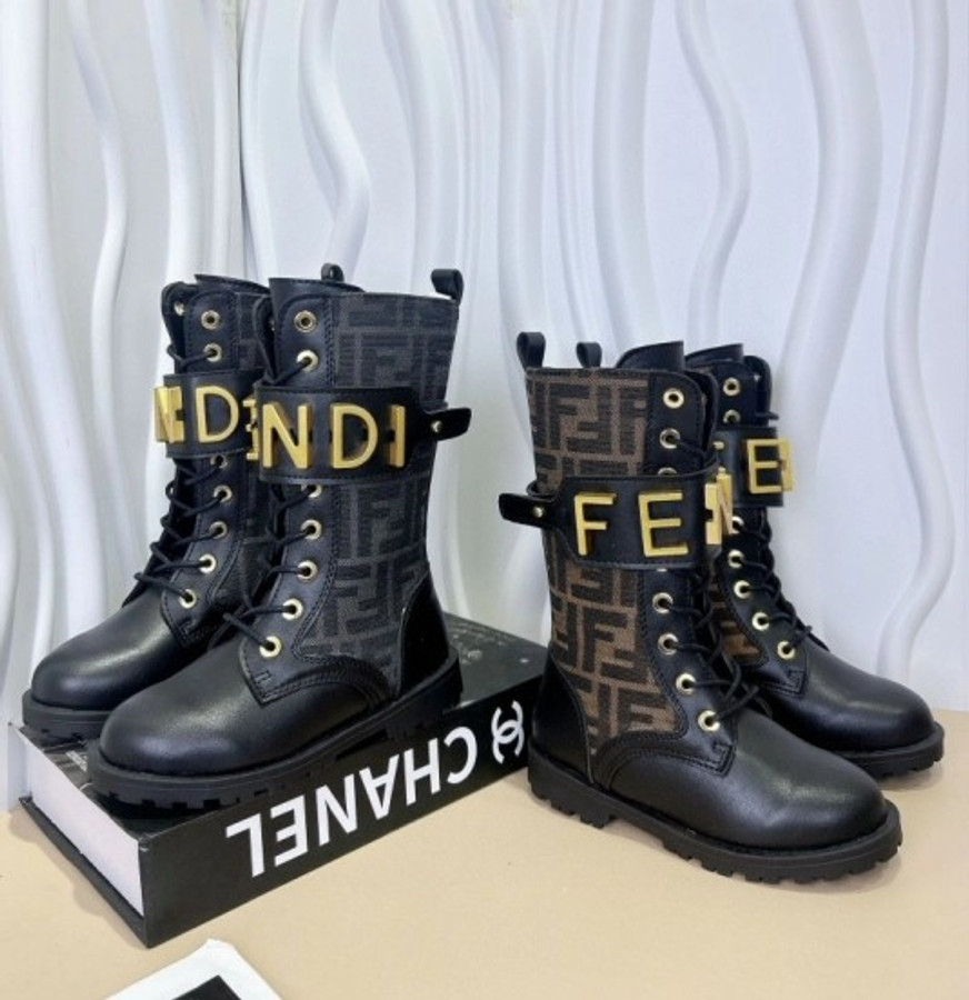 KIDS SNEAKER 2024 Kids Fendi Black Brown Leather Fabric Boots