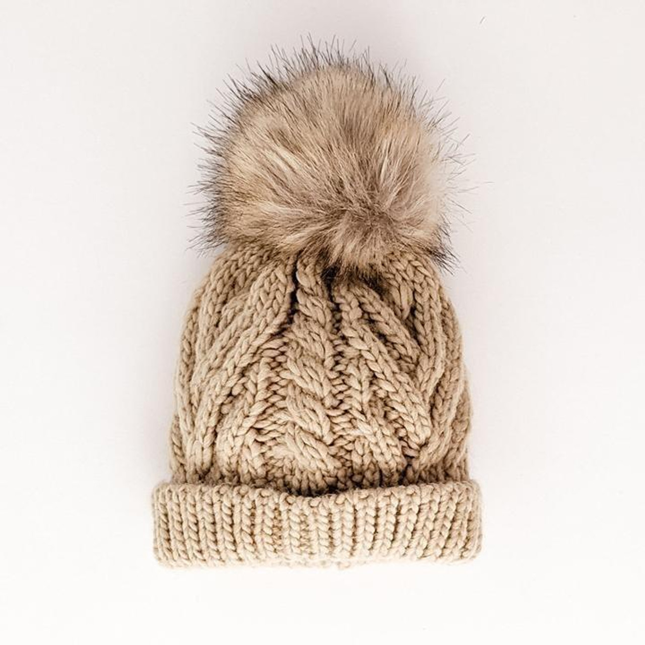 Huggalugs Cable Knit Fur Pom Hat, Grey