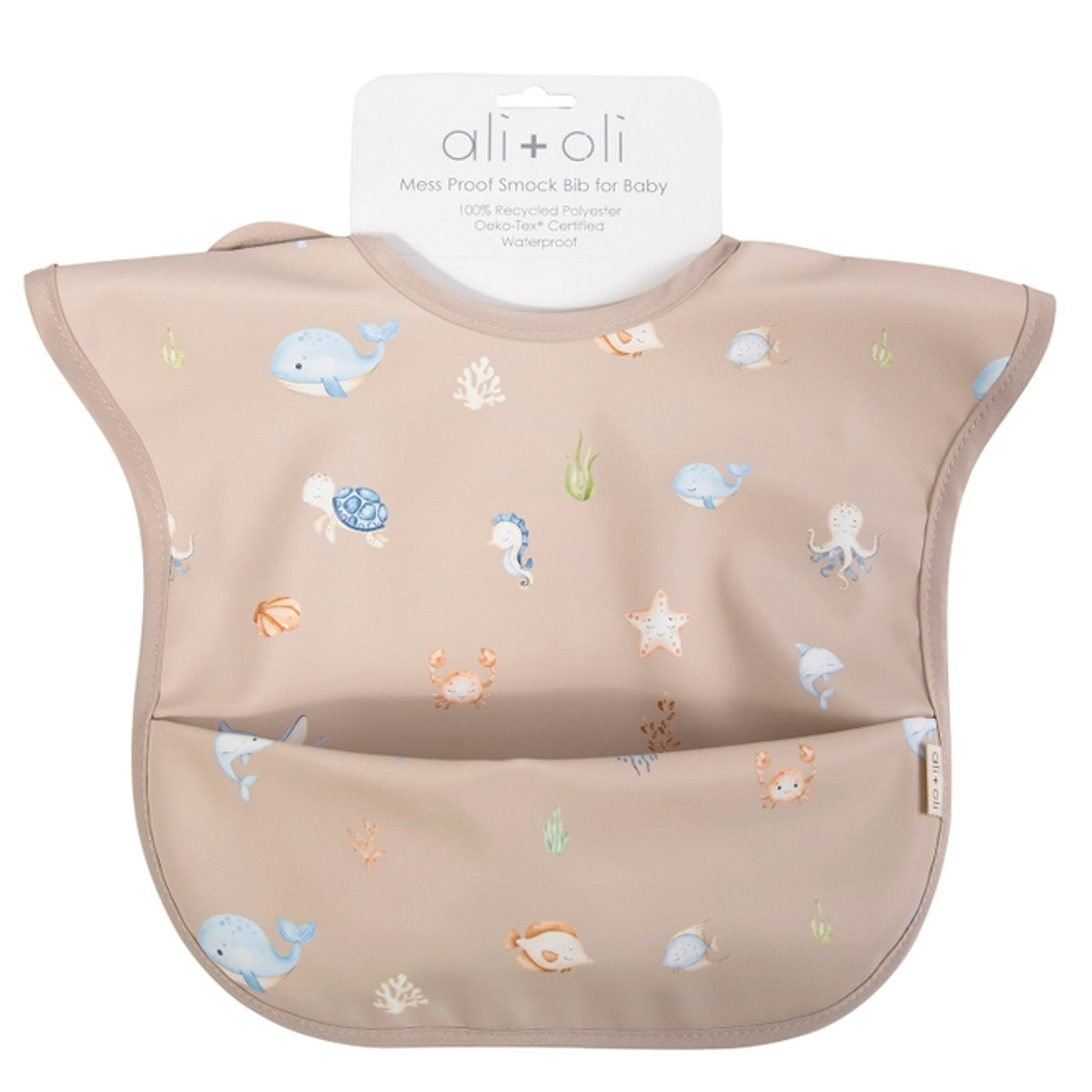 Ali Oli Smock Bib For Baby Toddler Short Sleeve Tan Undersea