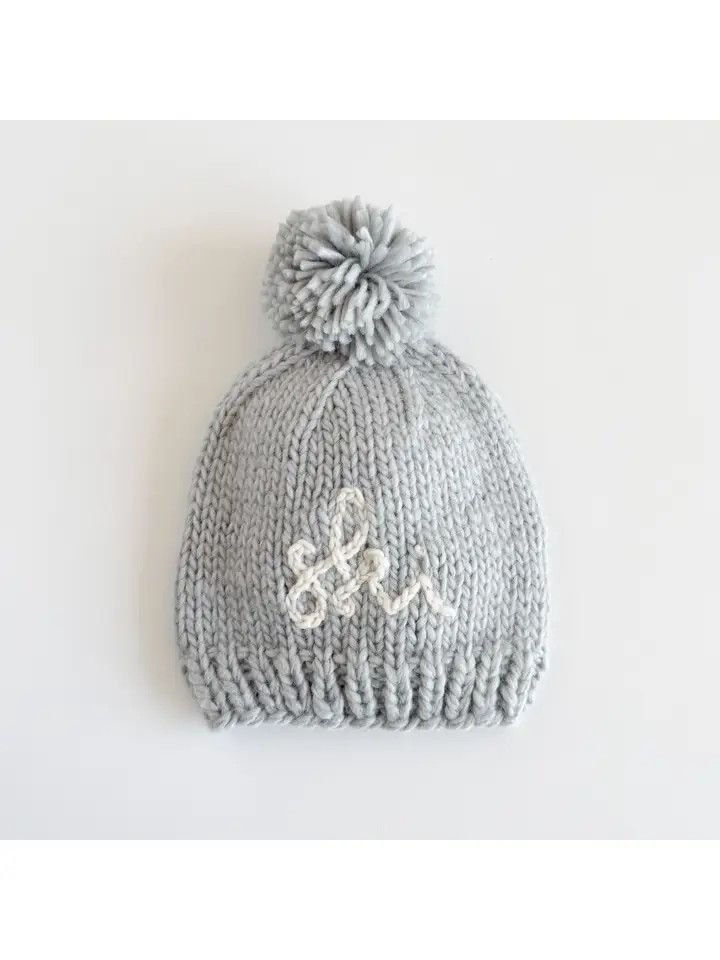 Figgy Friends Blue Gray Script Ski Knit Pom Beanie Hat