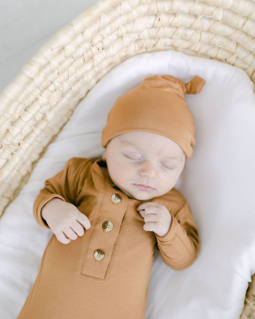 Stroller Society Knotted Baby Gown and Hat Set in Camel Stroller Society Knotted Baby Gown and Hat Set in Camel