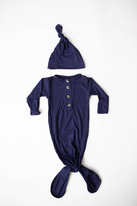 Stroller Society Knotted Baby Gown and Hat Set in Navy Blue Stroller Society Knotted Baby Gown and Hat Set in Navy Blue