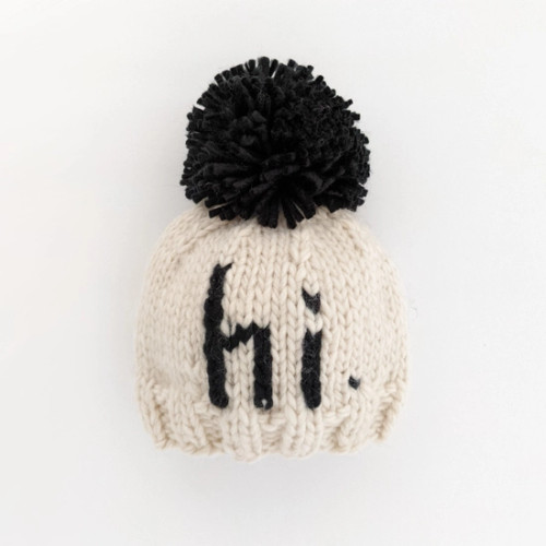 Huggalugs "hi" Black Hand Knit Beanie Hat