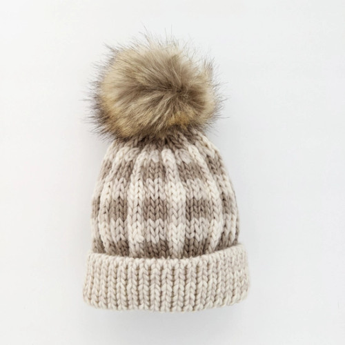 Huggalugs Pebble Brown Buffalo Check Hand Knitted Beanie Hat