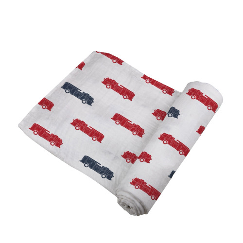 Newcastle Classics Blue and Red Fire Trucks Cotton Muslin Swaddle Blanket