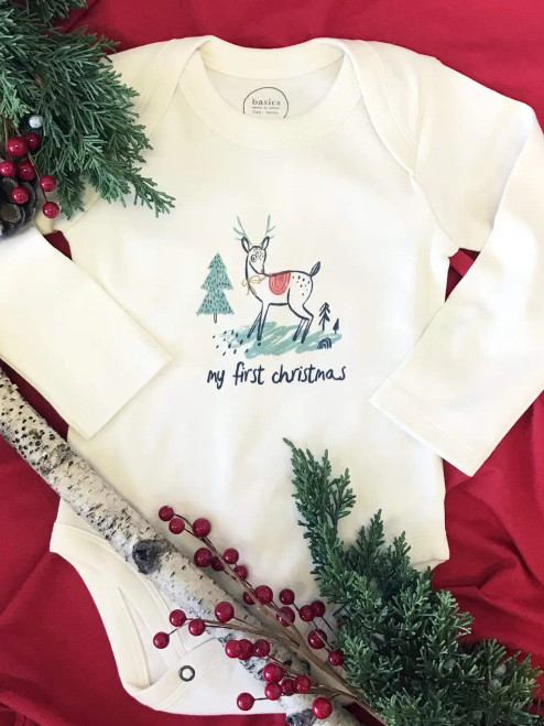 Finn + Emma Organic Cotton Long Sleeve Graphic Bodysuit -- Deer My First Christmas