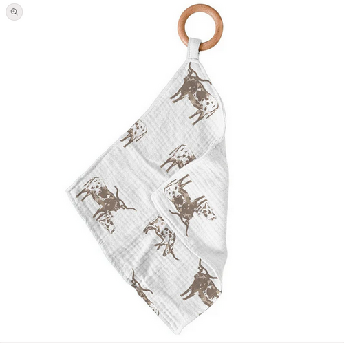 Newcastle Classics Texas Longhorns Cow Cattle Print Bamboo Muslin Teether