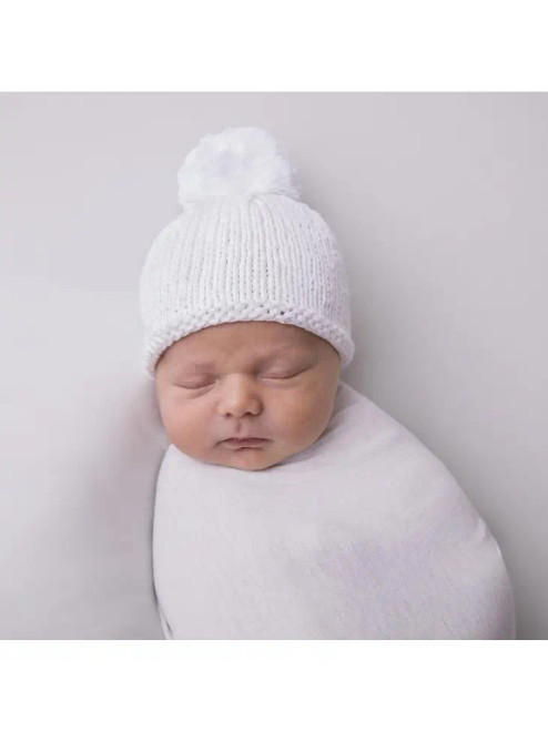 Huggalugs Newborn White Pom Pom Beanie Hat