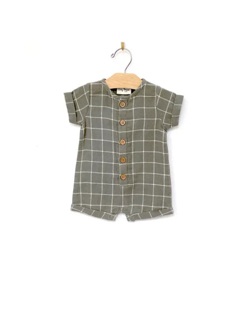 City Mouse Studio Short Button Romper- Windowpane