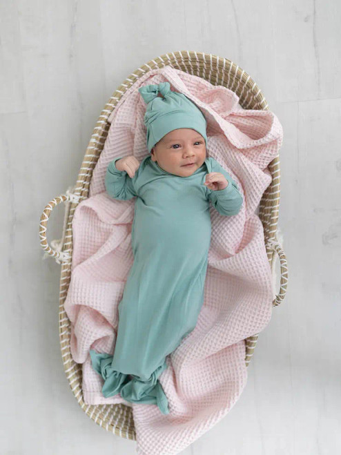 Stroller Society Knotted Baby Gown and Hat Set Crew Neckline in Mint