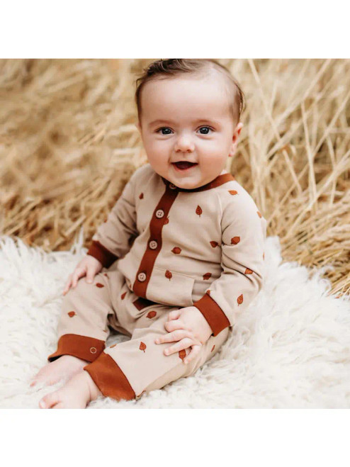 City Mouse Studio Raglan Long Leg Romper- Pecan Acorns