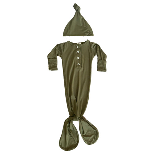 Stroller Society Knotted Baby Gown and Hat Set in Army Green