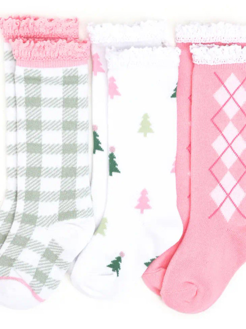 Little Stocking Co Winter Wonderland Pink Christmas Holiday Knee High Socks 3-Pack Christmas Holiday