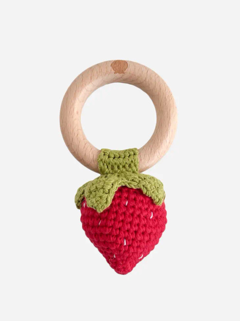 The Blueberry Hill Cotton Crochet Rattle Teether Red Strawberry