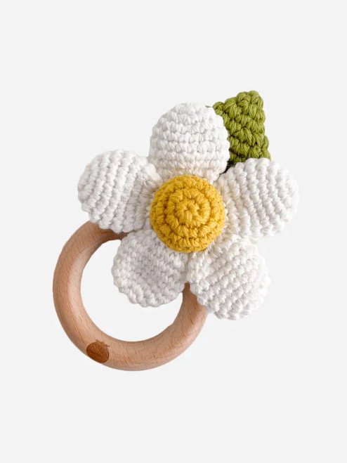 The Blueberry Hill Cotton Crochet Rattle Teether Daisy Flower White