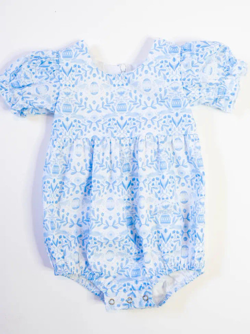 Ollie Jay Quinn Poplin Bubble Romper in Blue Bunnies Easter