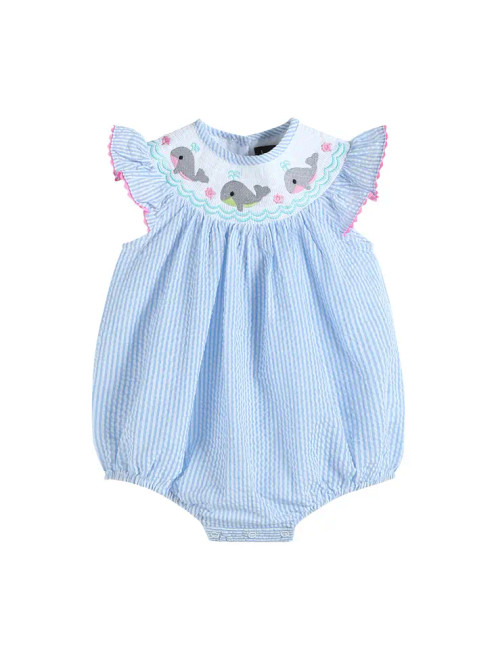 Lil Cactus Blue Stripe Seersucker Smocked Whale Romper