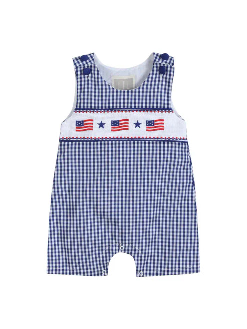 Lil Cactus Royal Blue Gingham American Flag Smocked Shortalls