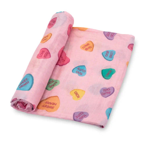 Lollybanks PInk Love Notes Candy Hearts Valentines Cotton Muslin Swaddle Blanket