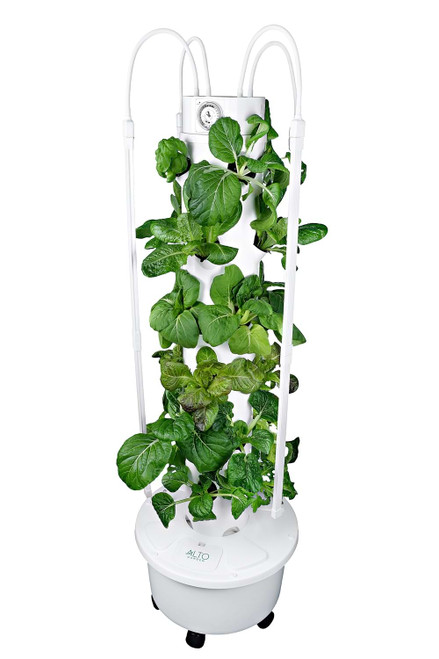 hydroponic grow tower with leafy greens