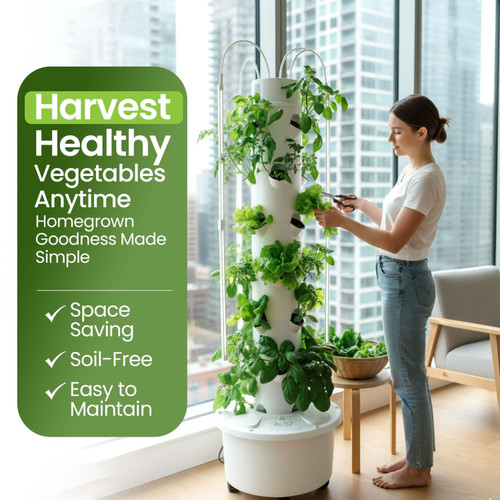 hydroponic grow tower lifestyle with woman harvesting
