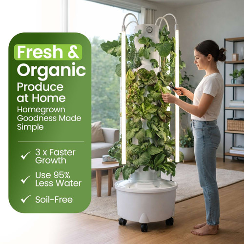 aeroponic tower garden lifestyle with woman harvesting