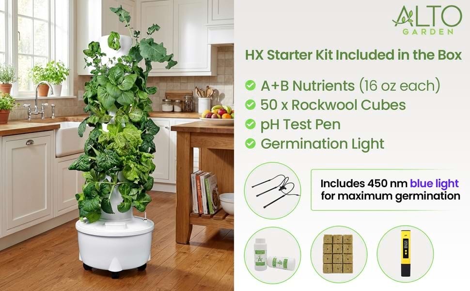 starter growing kit includes hydroponic nutrients, rockwool cubes, pH pen and germination light