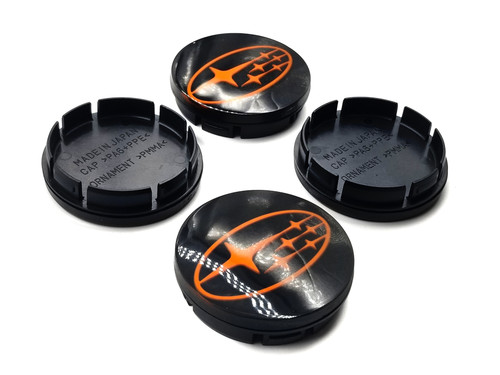 Replacement Gloss Black Center Caps with 3d Logo - Orange Stars Logo (56mm)